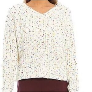 I.N. San Francisco NWT XL White Rainbow‎ Confetti Chenille V-Neck Sweater Knit
